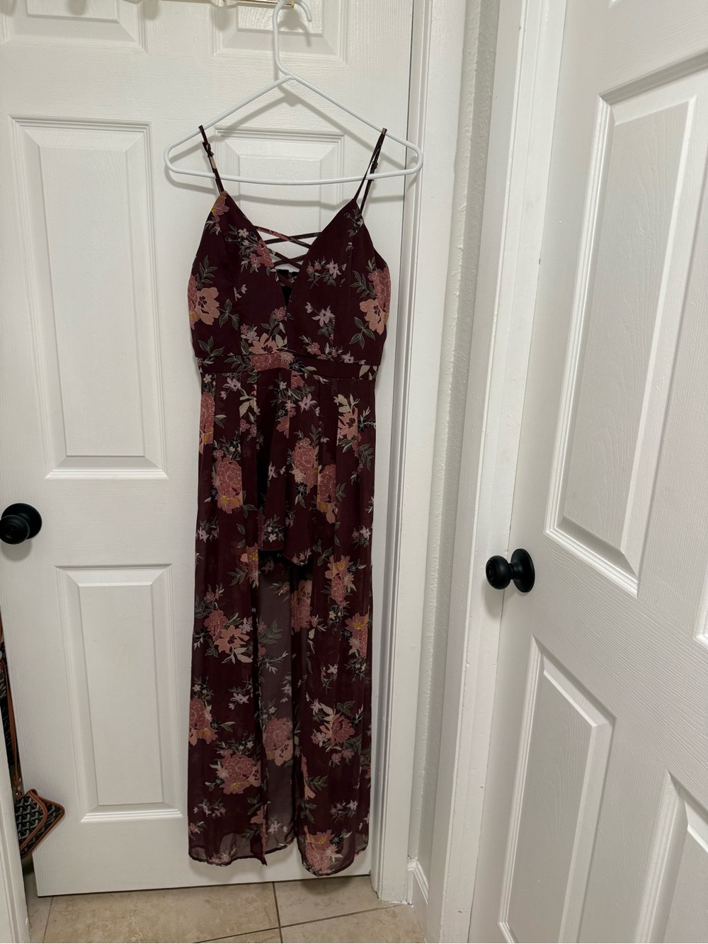 Burgundy Floral Maxi Dress with Spaghetti Straps